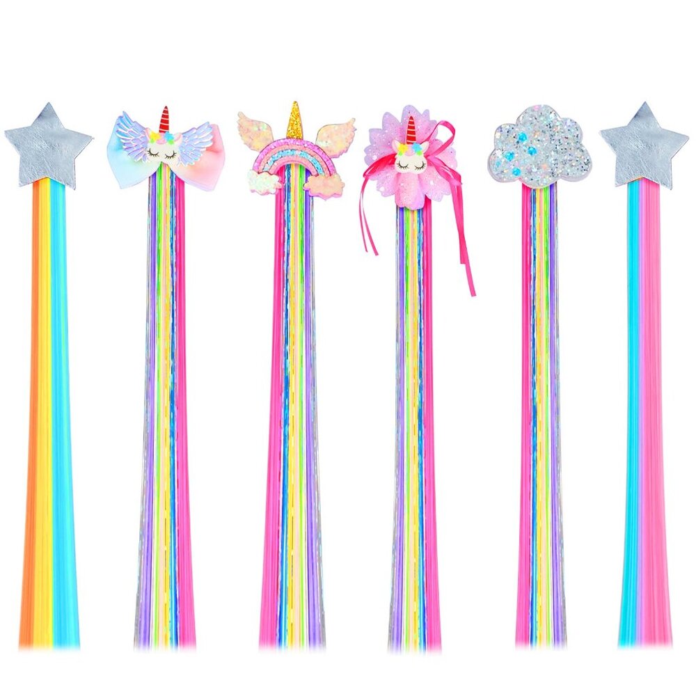 6-Piece Rainbow Hair Extensions for Girls, Stainless Steel Clips, 14-Inch Length